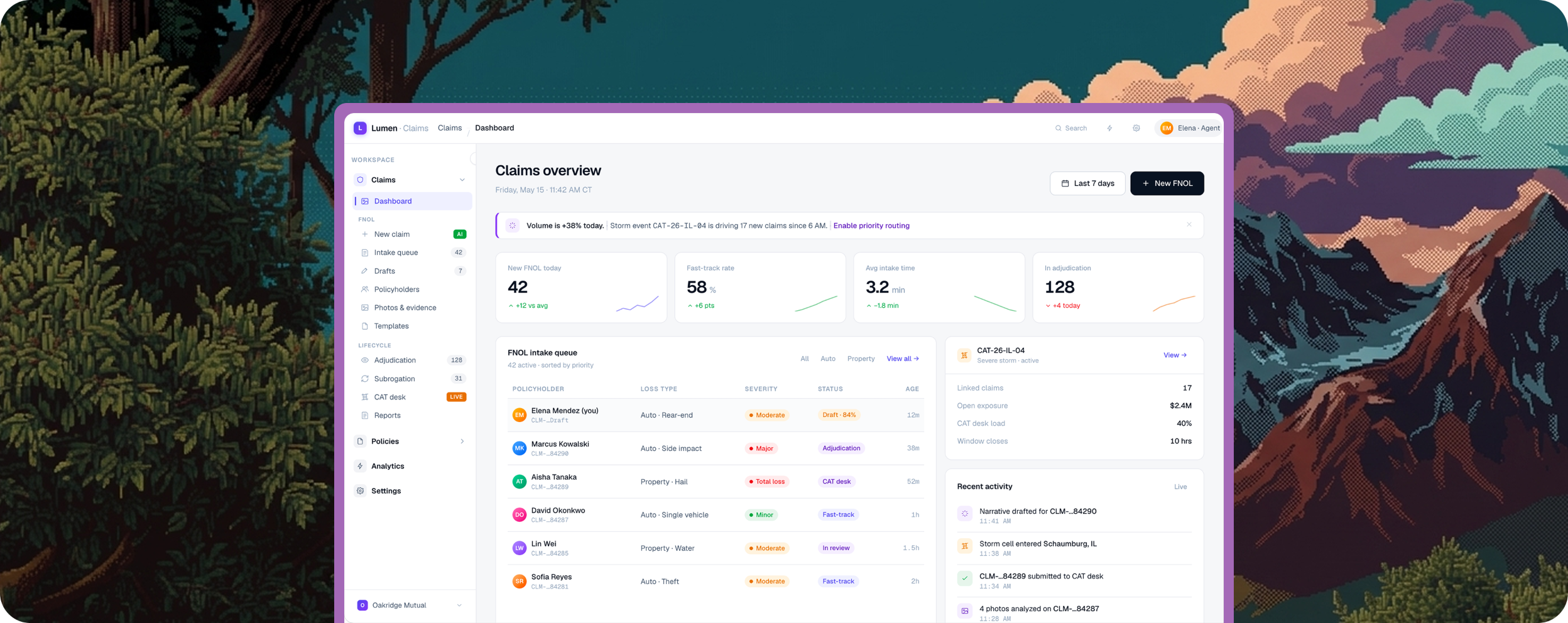 Lumen Claims workspace: claims overview dashboard with FNOL intake queue, quality scorecard, and an active catastrophe-event panel, over a pixel-art forest backdrop