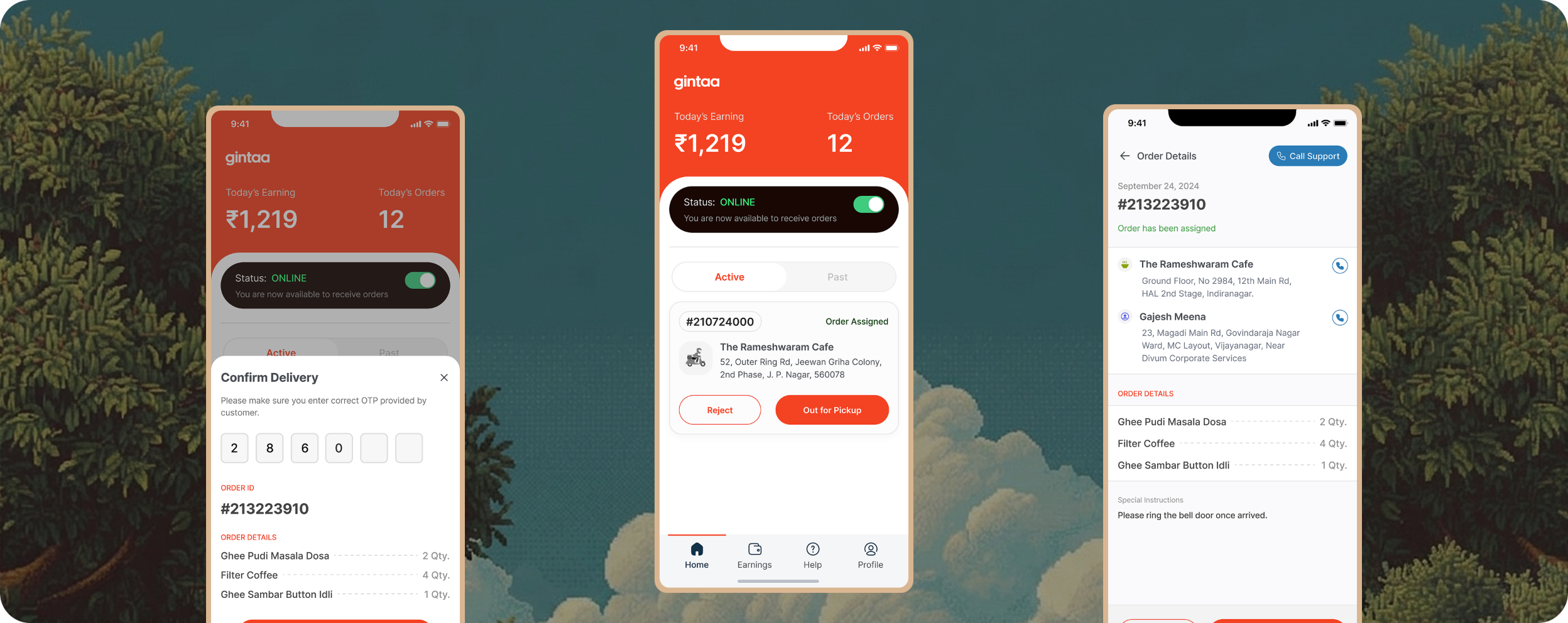 Three GINTAA delivery-partner app screens: home with today's earnings, an assigned order, and order details, over a forest-sky backdrop