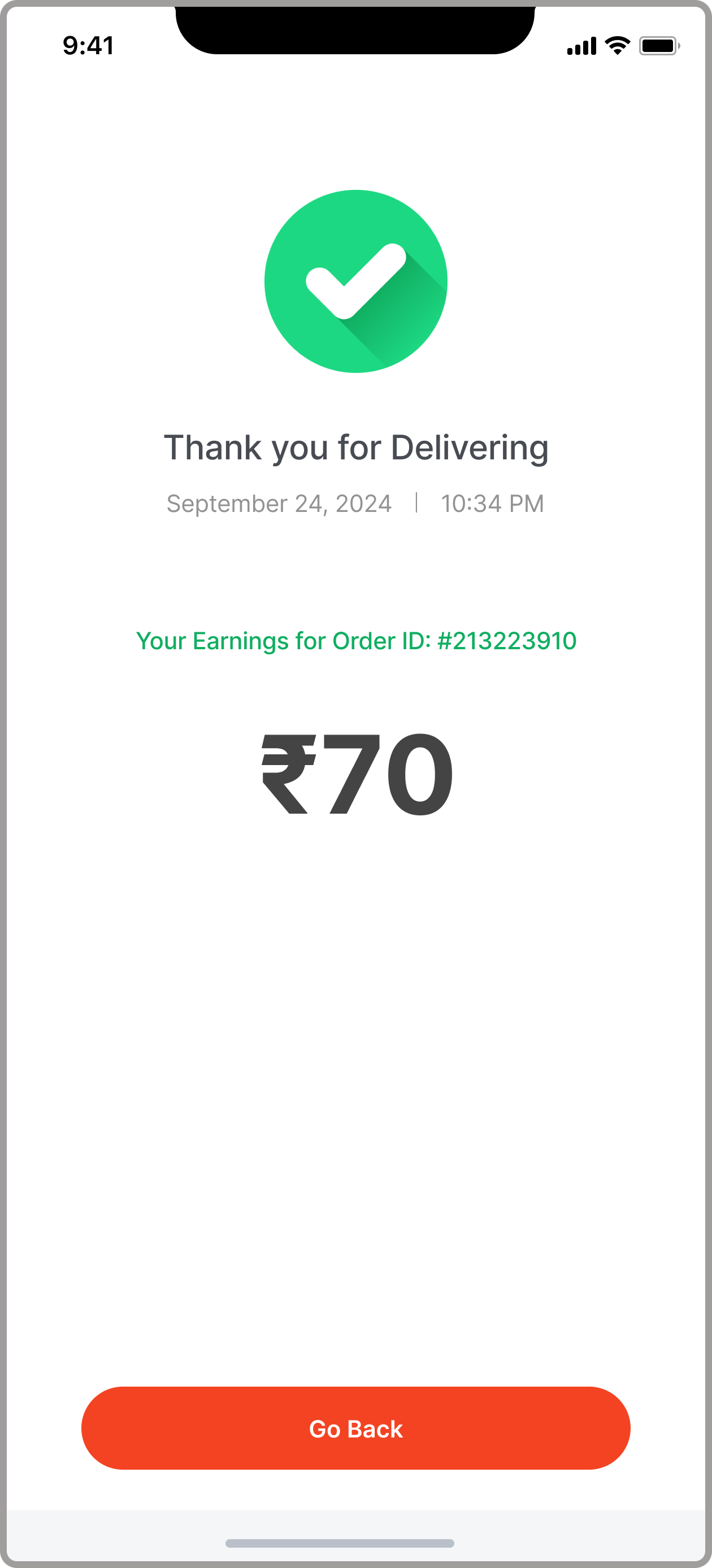 GINTAA order earning confirmation, thank you for delivering with the amount earned