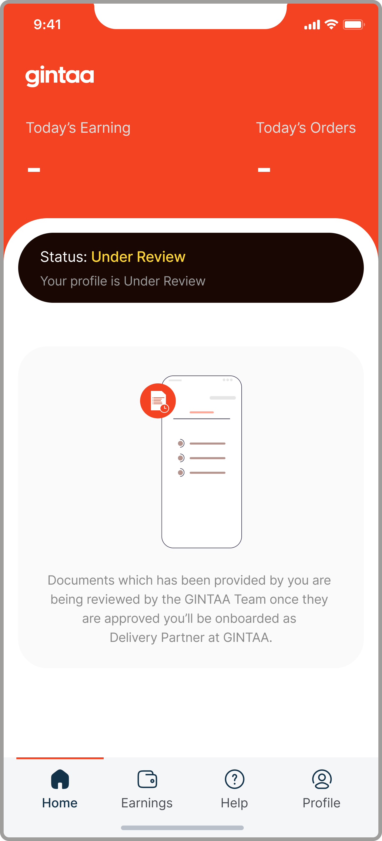 GINTAA onboarding, profile under review while documents are verified by the team