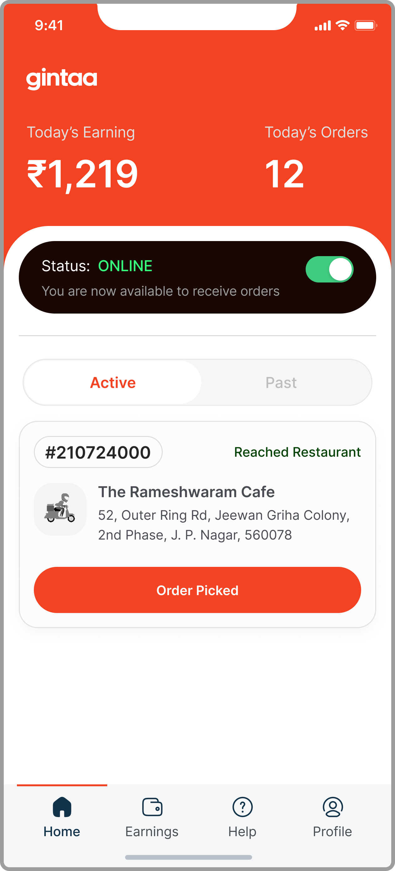 GINTAA order reached restaurant, ready to mark order picked