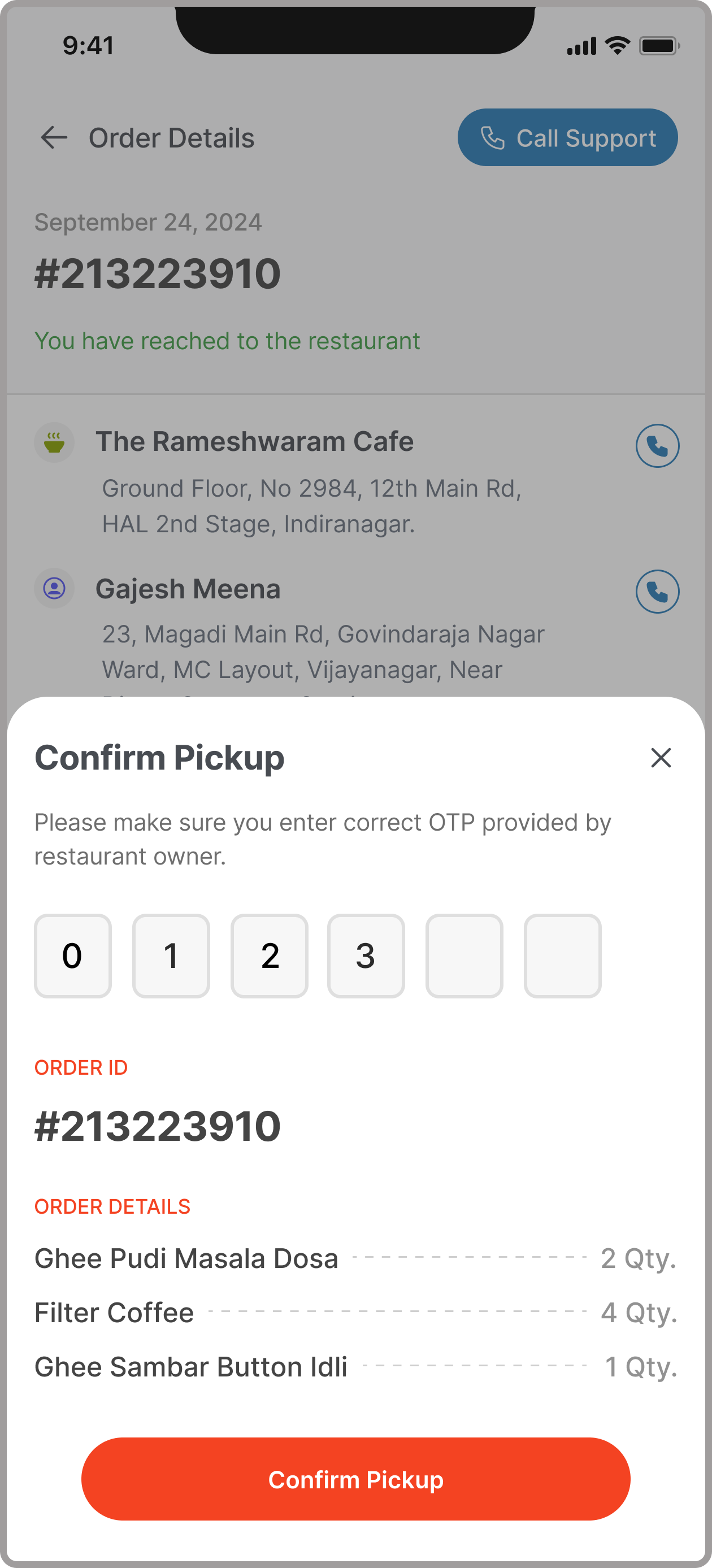 GINTAA confirm pickup with OTP entry and order details from the restaurant