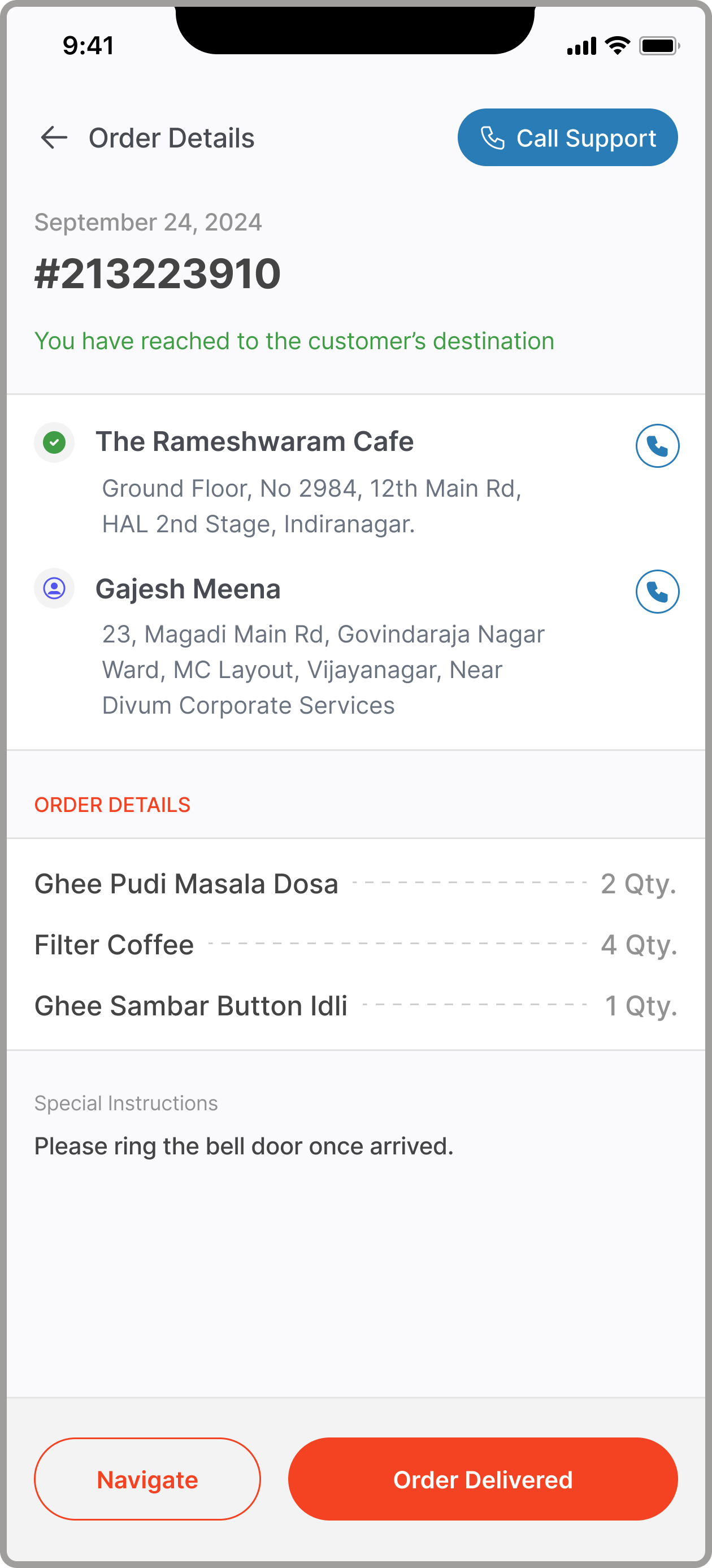 GINTAA arrived at customer destination with order details and delivered action