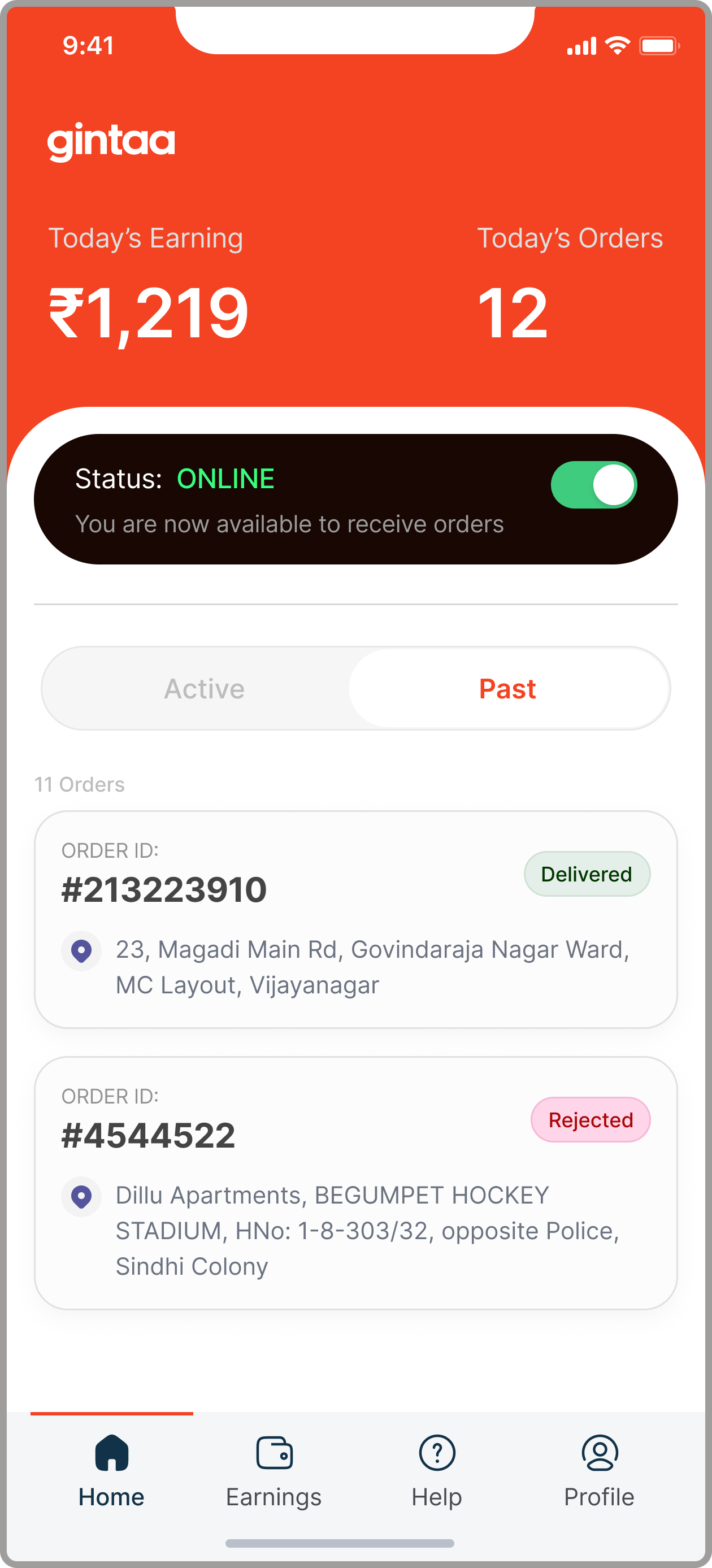 GINTAA past deliveries list showing delivered and rejected orders